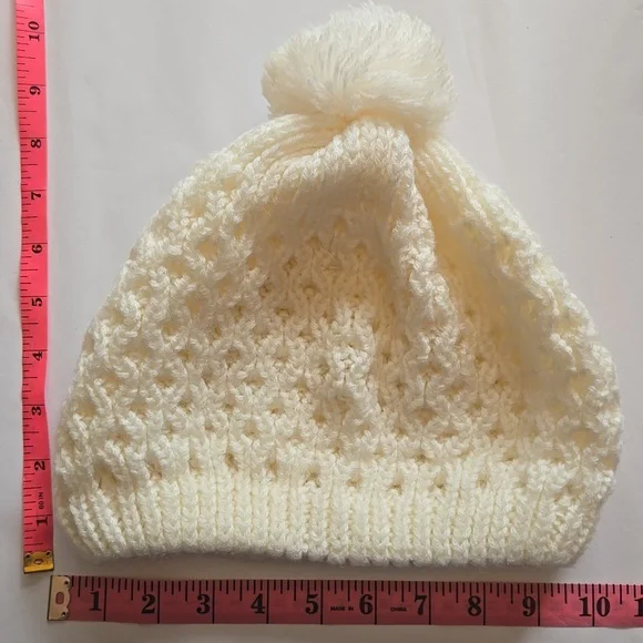 Vintage 70s 80s Knit Hat Pom Pom Pale Ivory Soft Off White - Picture 6 of 7